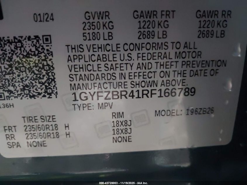 2024 Cadillac Xt4 Awd Luxury VIN: 1GYFZBR41RF166789 Lot: 43728003