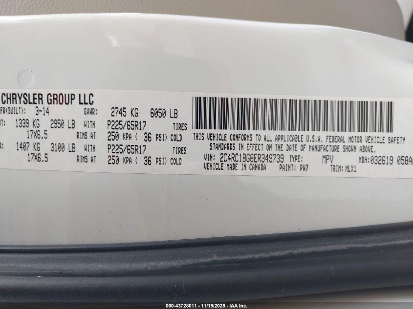 2014 Chrysler Town & Country Touring VIN: 2C4RC1BG6ER349739 Lot: 43728011