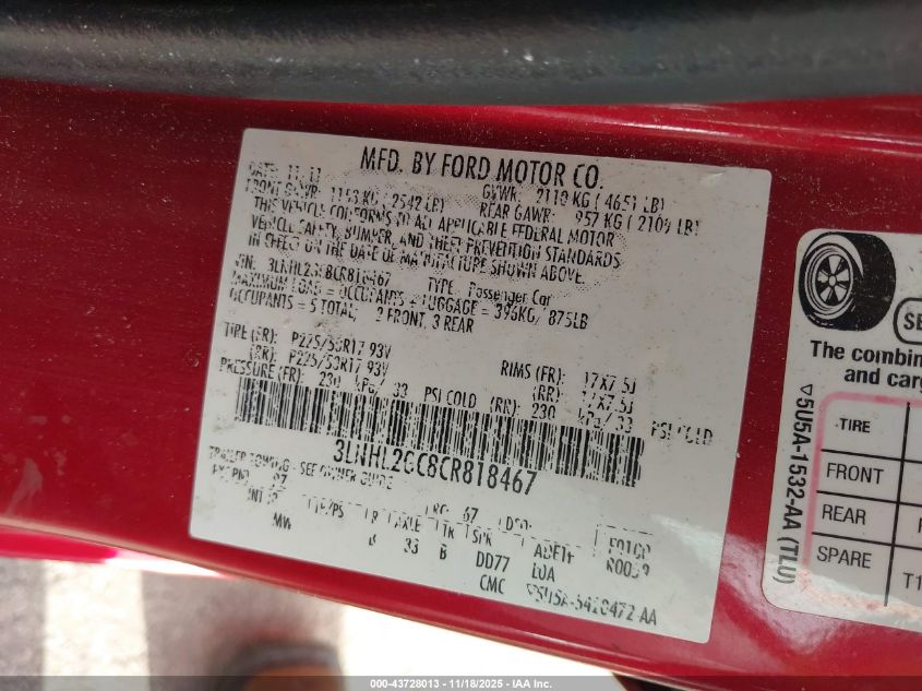 2012 Lincoln Mkz VIN: 3LNHL2GC8CR818467 Lot: 43728013