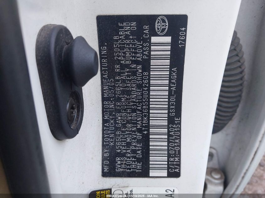 2005 Toyota Avalon Xls VIN: 4T1BK36B55U042608 Lot: 43728024