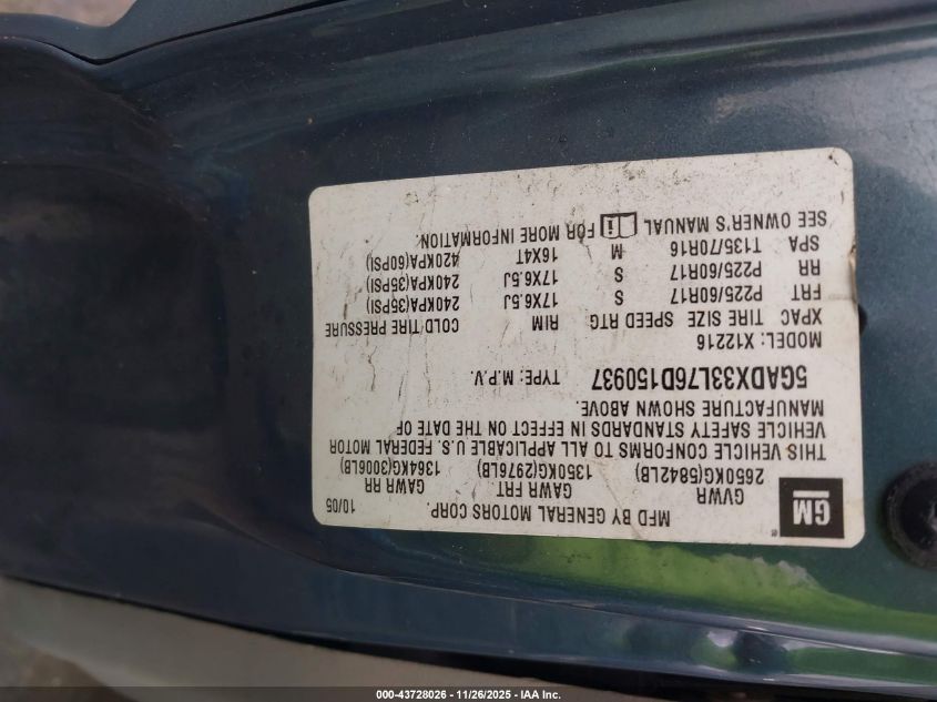 2006 Buick Terraza Cxl VIN: 5GADX33L76D150937 Lot: 43728026