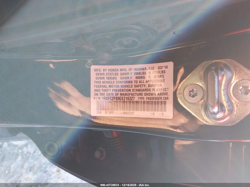 2016 Honda Civic Ex VIN: 19XFC2F89GE216327 Lot: 43728033
