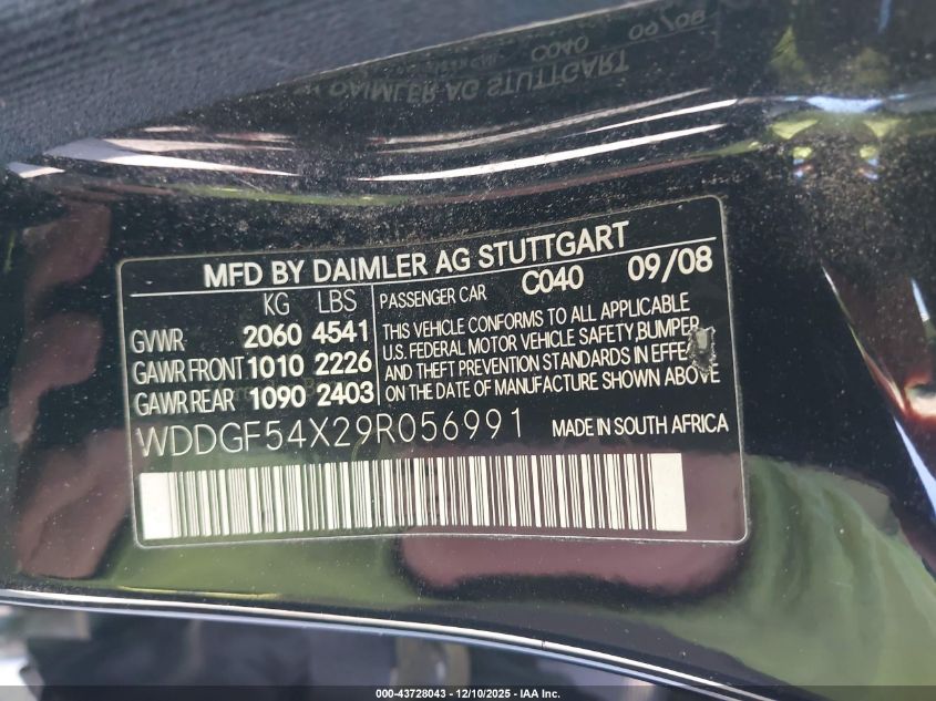 2009 Mercedes-Benz C 300 Luxury/Sport VIN: WDDGF54X29R056991 Lot: 43728043