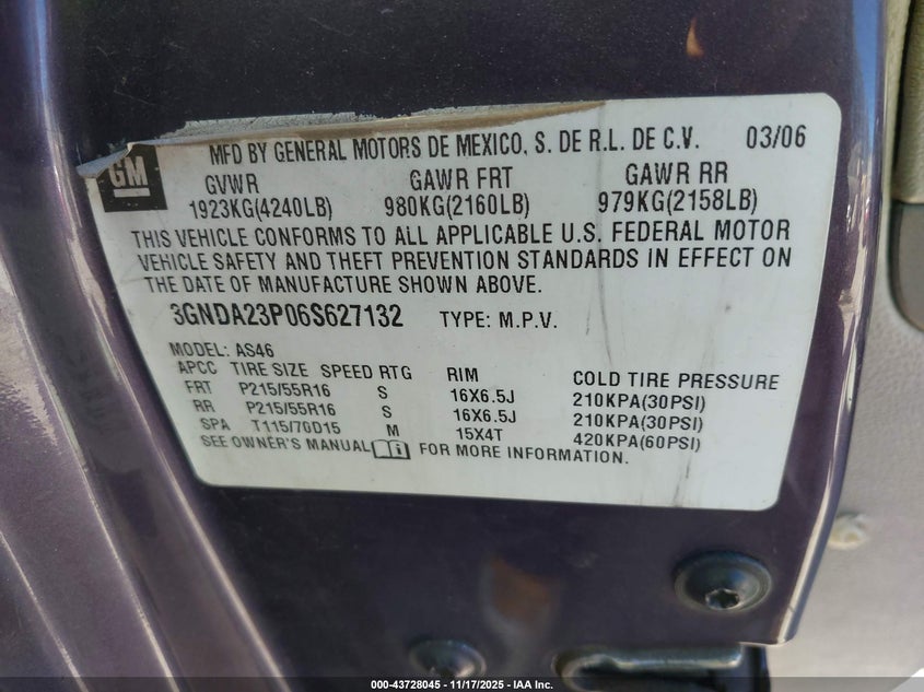 2006 Chevrolet Hhr Lt VIN: 3GNDA23P06S627132 Lot: 43728045