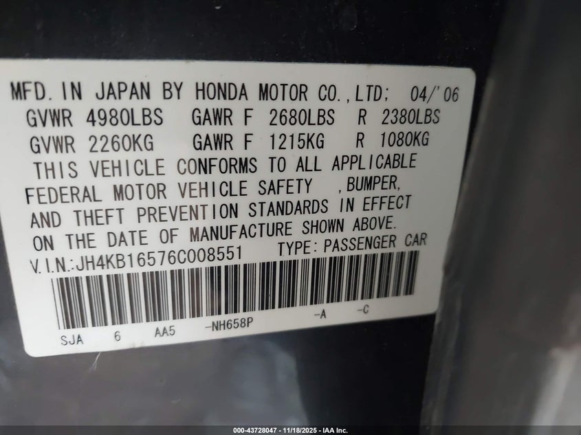 2006 Acura Rl 3.5 VIN: JH4KB16576C008551 Lot: 43728047