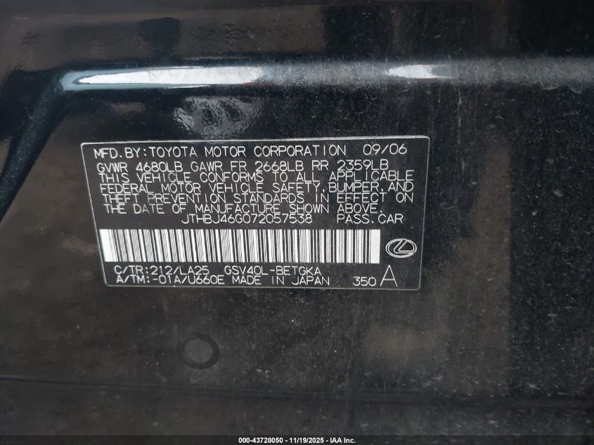2007 Lexus Es 350 VIN: JTHBJ46G072057538 Lot: 43728050