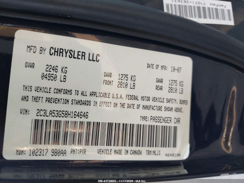 2008 Chrysler 300 Touring VIN: 2C3LA53G58H164646 Lot: 43728053