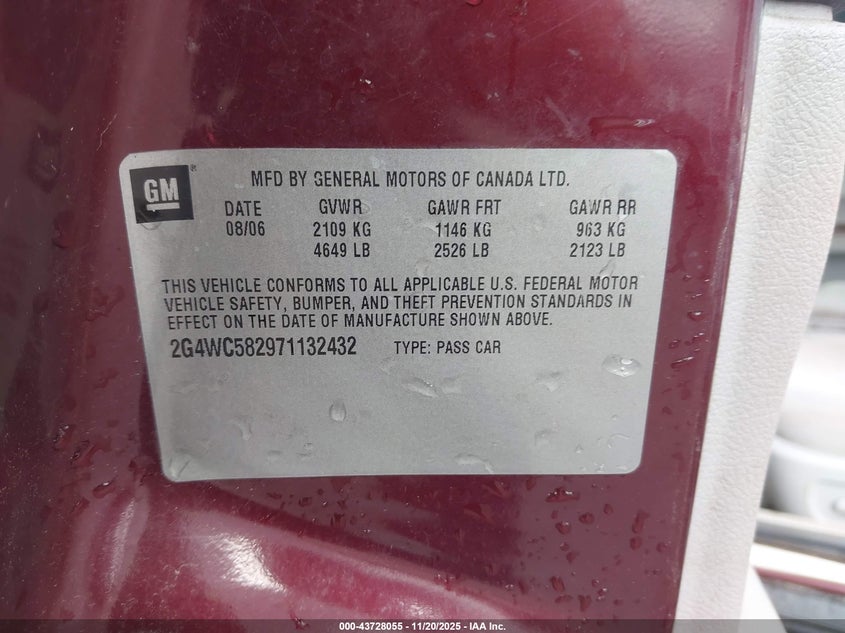 2007 Buick Lacrosse Cx VIN: 2G4WC582971132432 Lot: 43728055