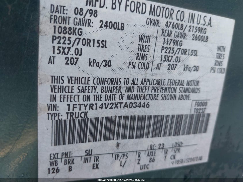 1999 Ford Ranger Xl/Xlt VIN: 1FTYR14V2XTA03446 Lot: 43728058