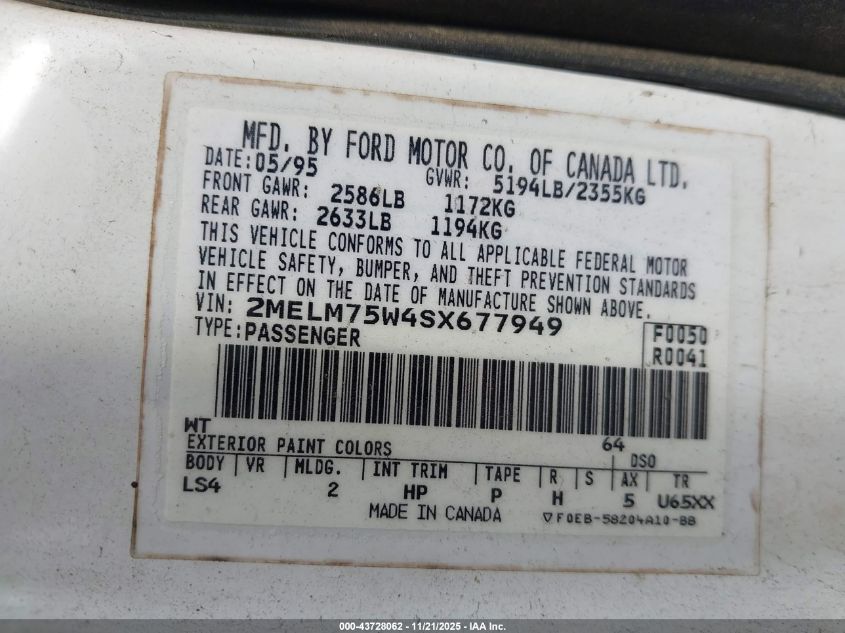 1995 Mercury Grand Marquis Ls VIN: 2MELM75W4SX677949 Lot: 43728062