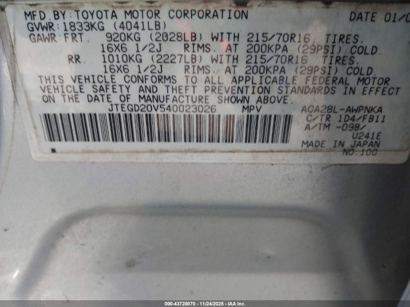 2004 Toyota Rav4 VIN: JTEGD20V540023026 Lot: 43728070