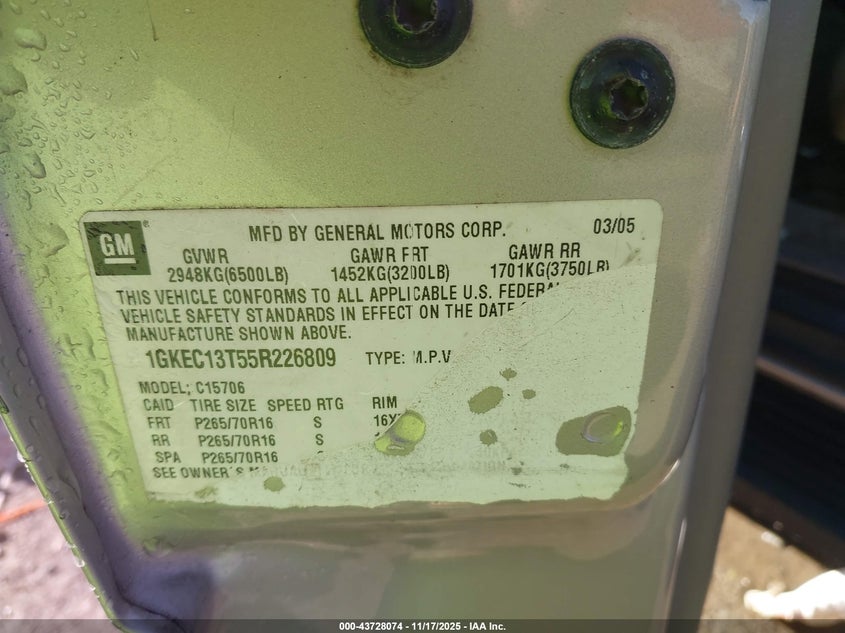 2005 GMC Yukon Sle VIN: 1GKEC13T55R226809 Lot: 43728074