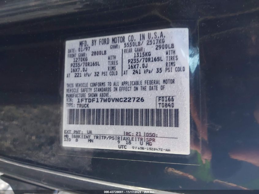 1997 Ford F-150 Standard Lariat/Standard/Xl/Xlt VIN: 1FTDF17W0VNC22726 Lot: 43728081