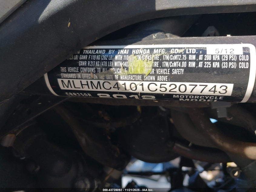 2012 Honda Cbr250 R VIN: MLHMC4101C5207743 Lot: 43728092