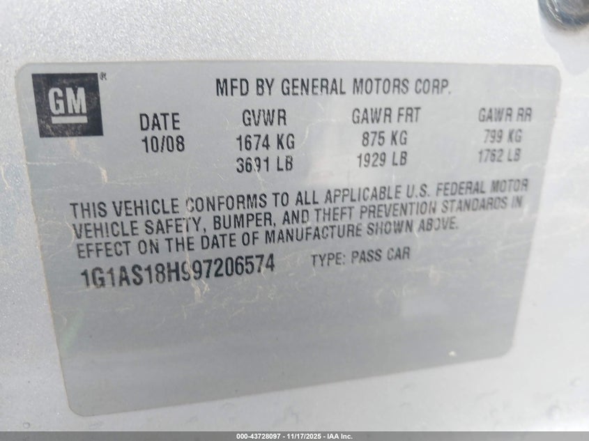 2009 Chevrolet Cobalt Ls VIN: 1G1AS18H997206574 Lot: 43728097