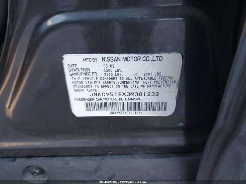 2003 Infiniti G35 Luxury Leather VIN: JNKCV51EX3M301232 Lot: 43728102