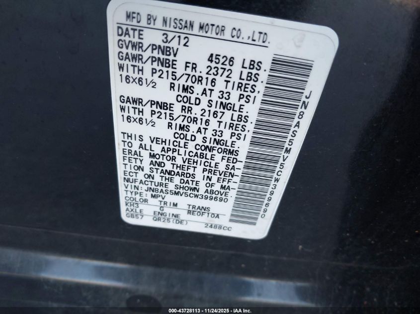 2012 Nissan Rogue S VIN: JN8AS5MV5CW399690 Lot: 43728113