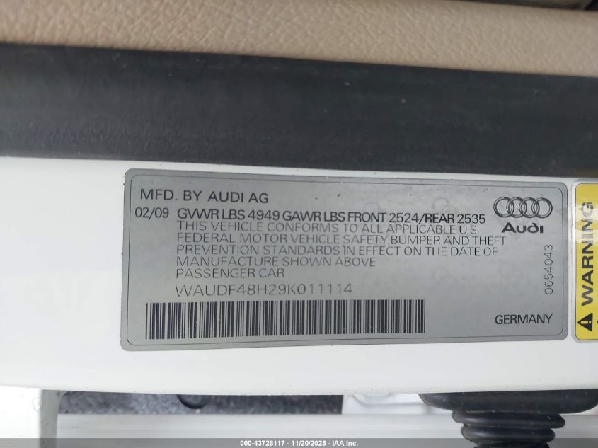 2009 Audi A4 2.0T Special Edition VIN: WAUDF48H29K011114 Lot: 43728117