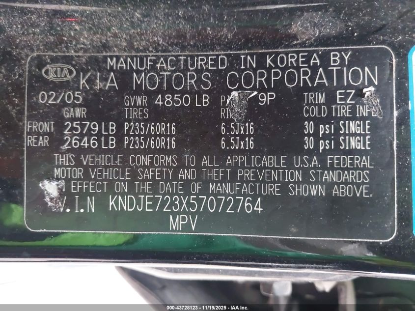 2005 Kia Sportage Ex V6/Lx V6 VIN: KNDJE723X57072764 Lot: 43728123