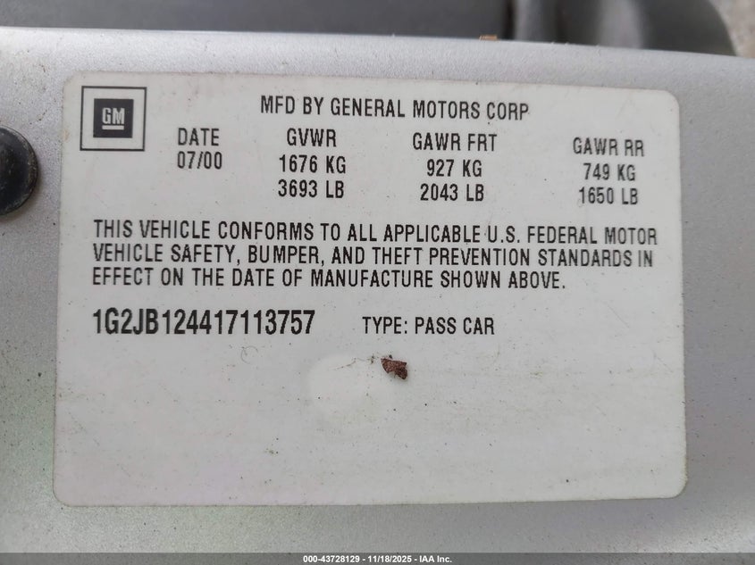 2001 Pontiac Sunfire Se VIN: 1G2JB124417113757 Lot: 43728129