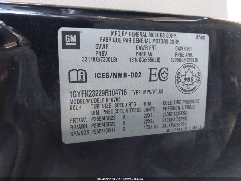 2009 Cadillac Escalade Standard VIN: 1GYFK23229R104716 Lot: 43728133