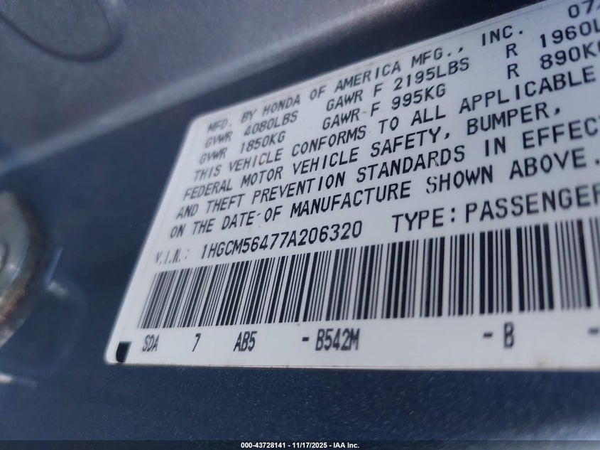 1HGCM56477A206320 2007 HONDA ACCORD photo no. 9