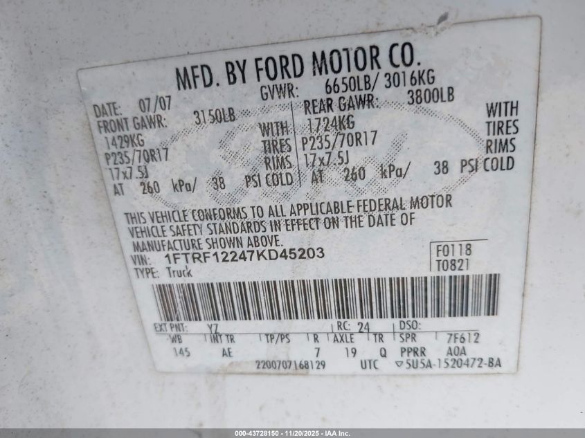 2007 Ford F-150 Stx/Xl/Xlt VIN: 1FTRF12247KD45203 Lot: 43728150