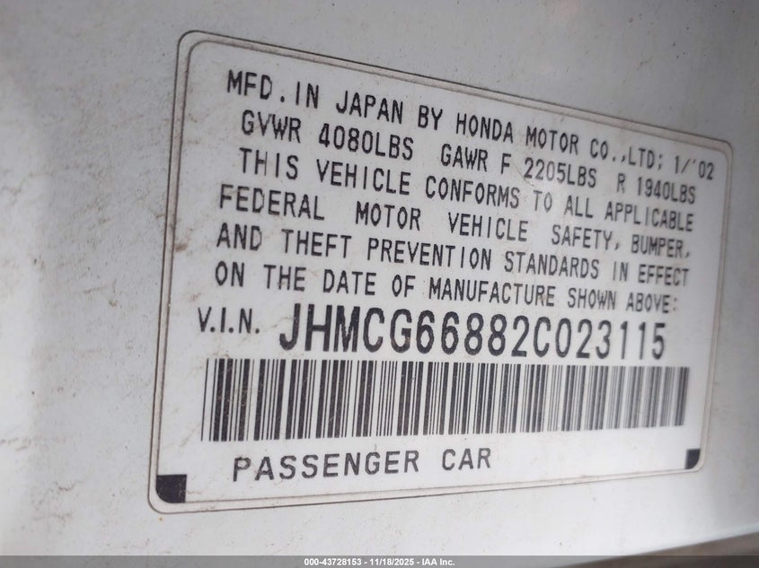 JHMCG66882C023115 2002 HONDA ACCORD photo no. 9