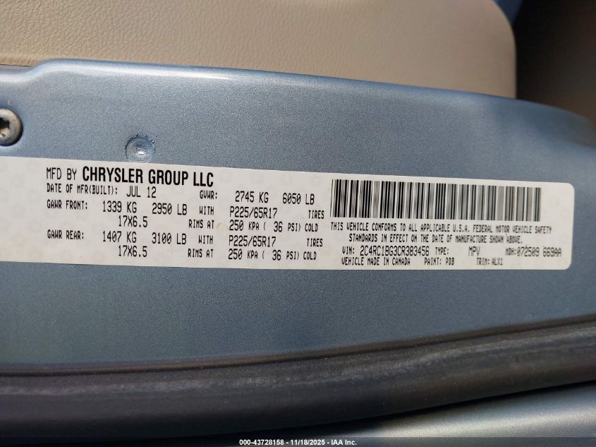 2012 Chrysler Town & Country Touring VIN: 2C4RC1BG3CR383456 Lot: 43728158