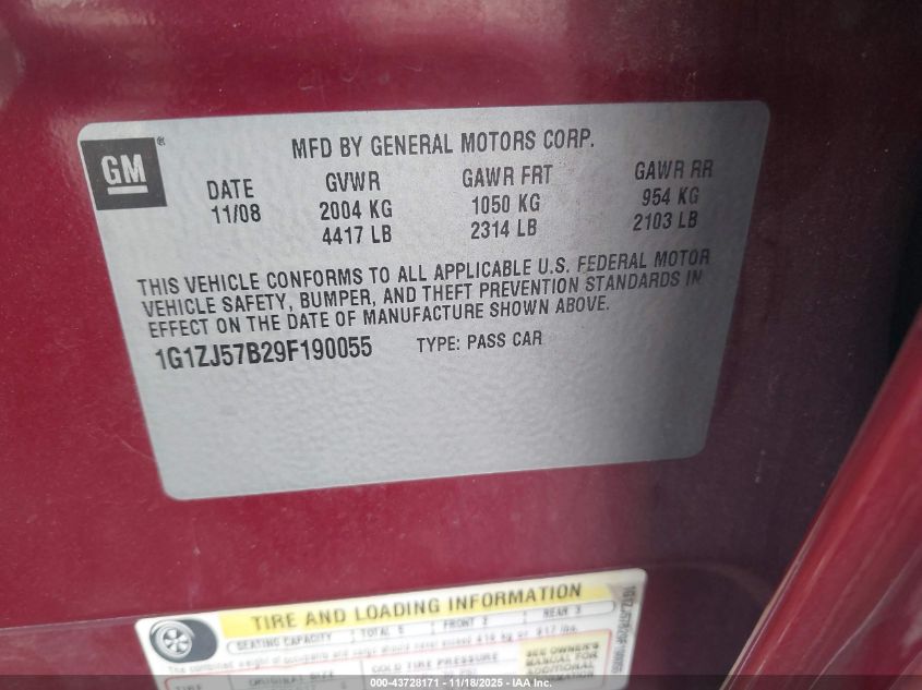 2009 Chevrolet Malibu Lt VIN: 1G1ZJ57B29F190055 Lot: 43728171