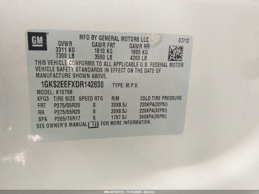 2013 GMC Yukon Denali VIN: 1GKS2EEFXDR142830 Lot: 43728174