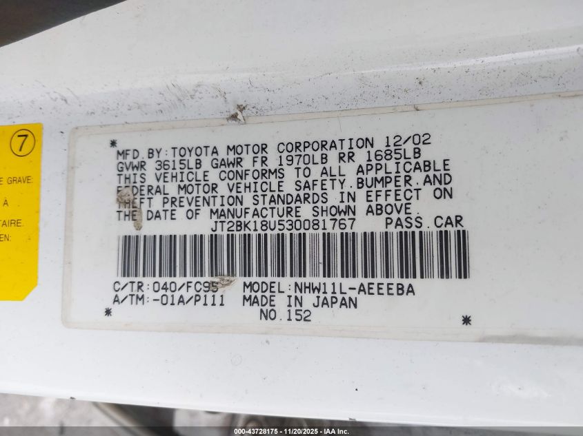 2003 Toyota Prius VIN: JT2BK18U530081767 Lot: 43728175