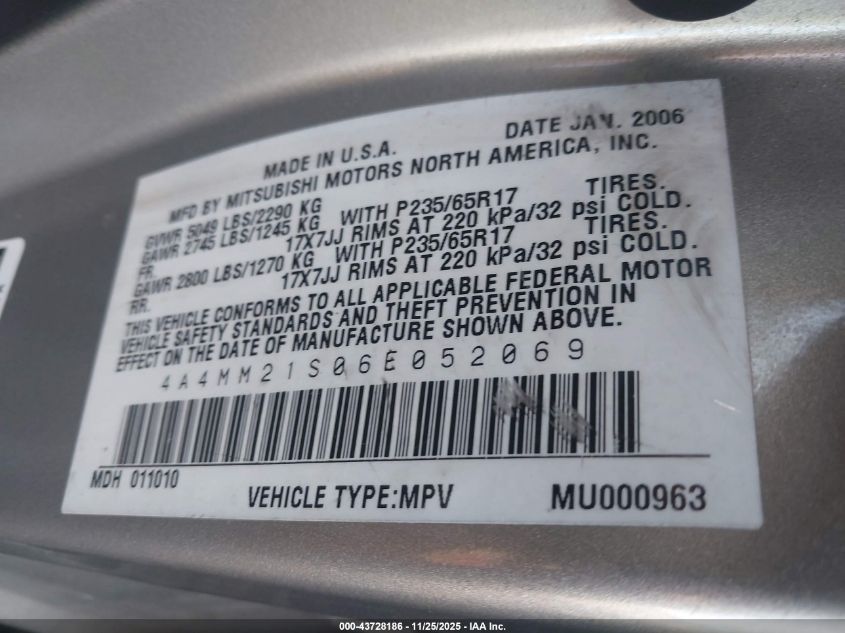 2006 Mitsubishi Endeavor Ls VIN: 4A4MM21S06E052069 Lot: 43728186