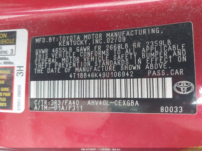 2009 Toyota Camry Hybrid VIN: 4T1BB46K49U106942 Lot: 43728201