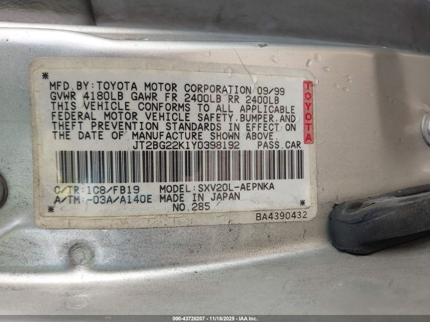 2000 Toyota Camry Le VIN: JT2BG22K1Y0398192 Lot: 43728207