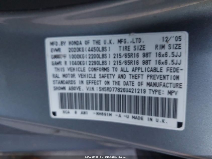 2006 Honda Cr-V Ex VIN: SHSRD77826U421219 Lot: 43728212