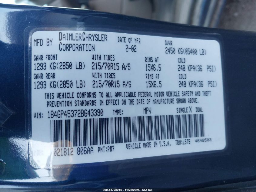 2002 Dodge Caravan Sport VIN: 1B4GP45372B643390 Lot: 43728216