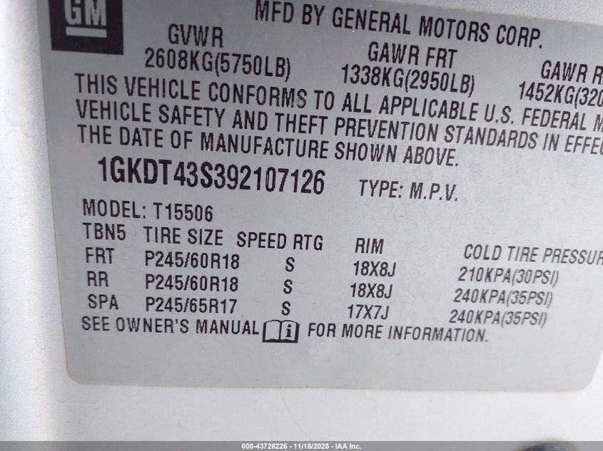 2009 GMC Envoy Slt VIN: 1GKDT43S392107126 Lot: 43728226