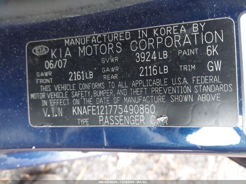 2007 Kia Spectra Ex VIN: KNAFE121775490860 Lot: 43728229