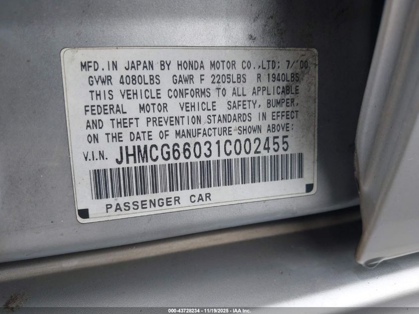2001 Honda Accord Ex VIN: JHMCG66031C002455 Lot: 43728234