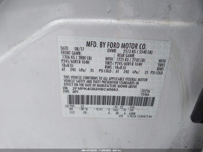 2017 Ford Edge Se VIN: 2FMPK4G92HBC45683 Lot: 43728239