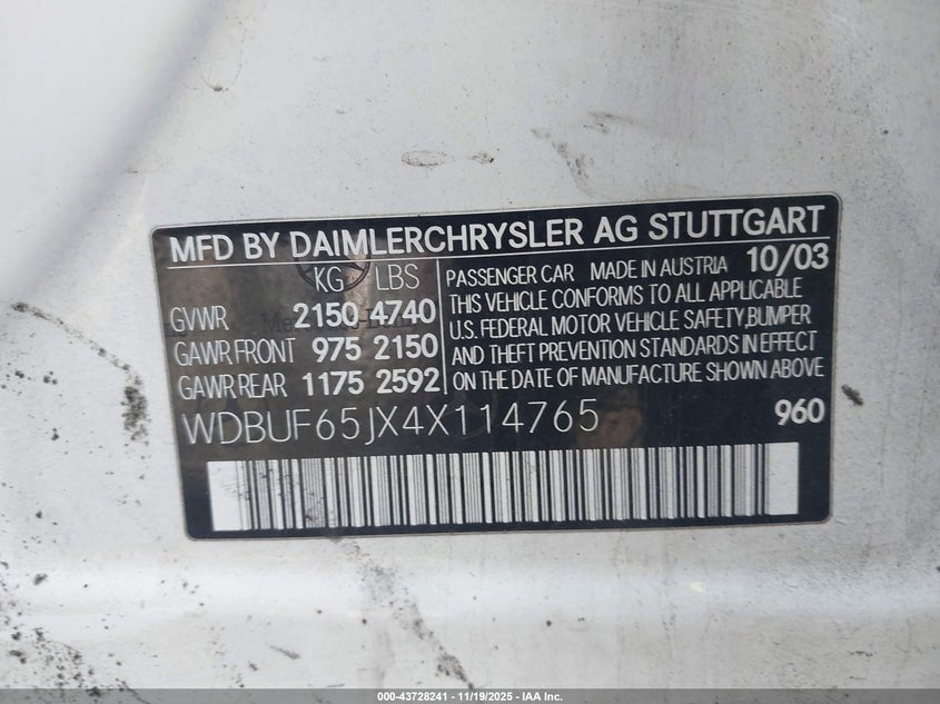 WDBUF65JX4X114765 2004 MERCEDES-BENZ E-KLASSE photo no. 9