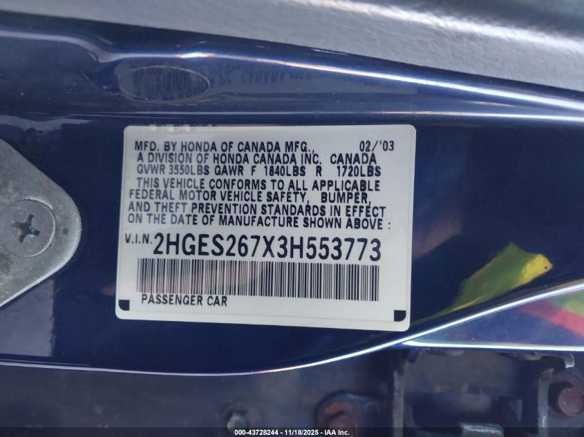 2003 Honda Civic Ex VIN: 2HGES267X3H553773 Lot: 43728244