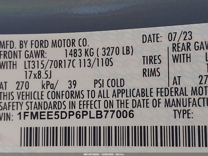 2023 Ford Bronco Badlands VIN: 1FMEE5DP6PLB77006 Lot: 43728250