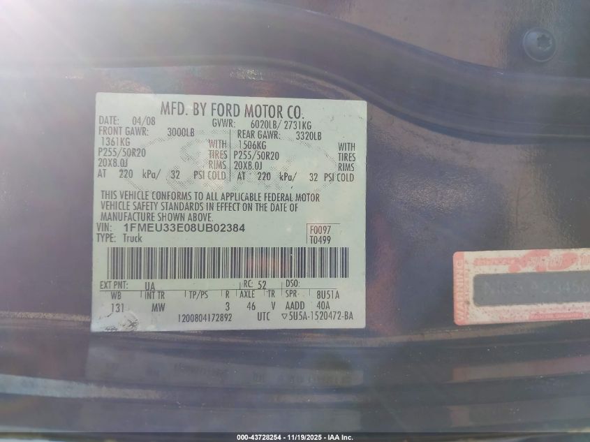 2008 Ford Explorer Sport Trac Limited VIN: 1FMEU33E08UB02384 Lot: 43728254