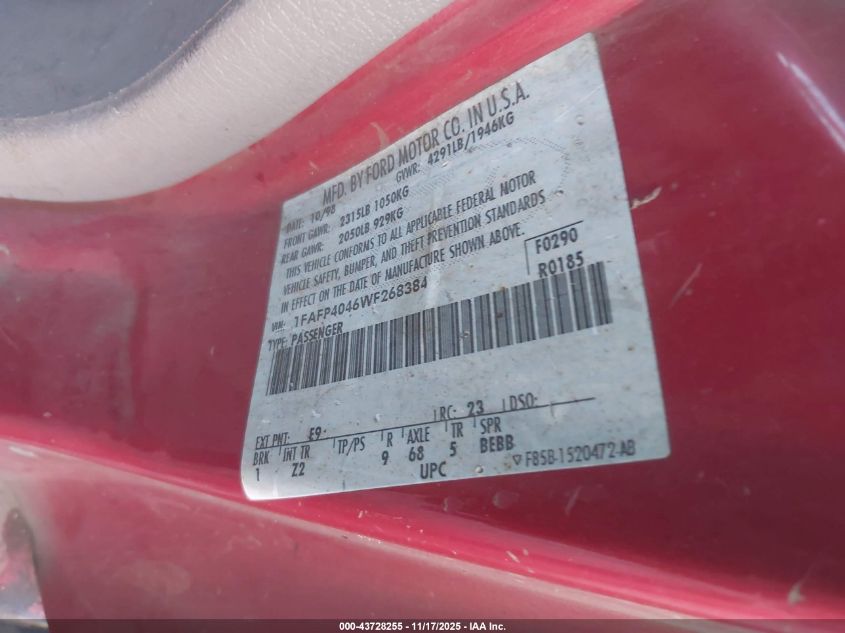 1998 Ford Mustang VIN: 1FAFP4046WF268384 Lot: 43728255