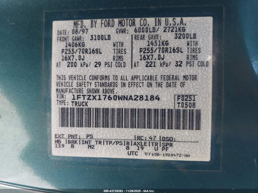 1998 Ford F-150 Lariat/Standard/Xl/Xlt VIN: 1FTZX1760WNA28184 Lot: 43728262