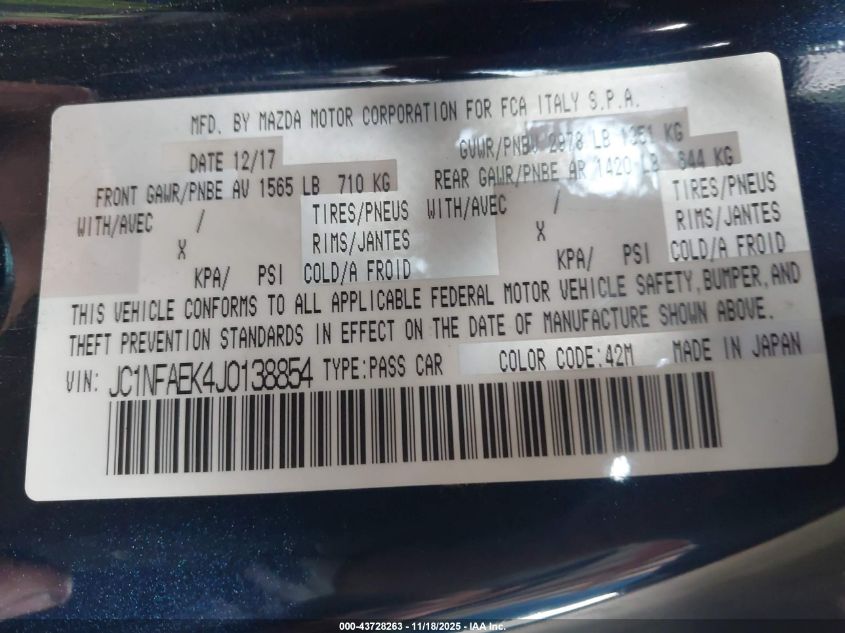 2018 Fiat 124 Spider Abarth VIN: JC1NFAEK4J0138854 Lot: 43728263