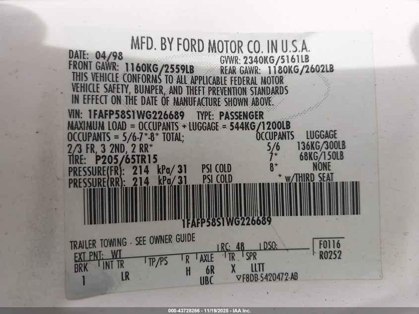 1998 Ford Taurus Se VIN: 1FAFP58S1WG226689 Lot: 43728266