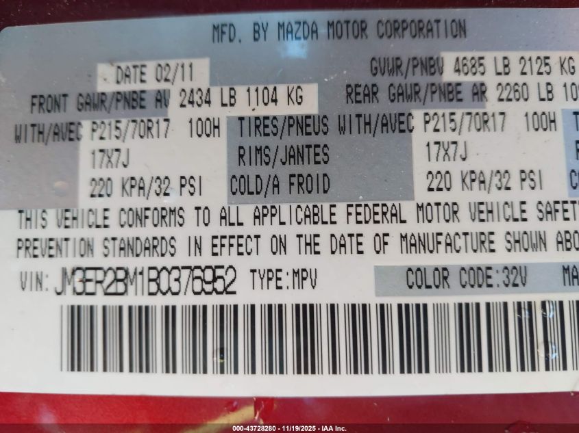 2011 Mazda Cx-7 I Sport VIN: JM3ER2BM1B0376952 Lot: 43728280